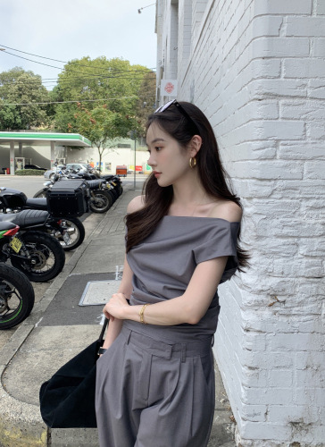 韩国chic夏季法式设计感露肩上衣+高腰阔腿西装裤两件套装