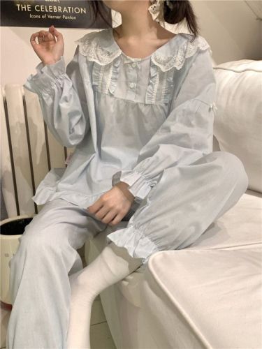 实拍韩版甜美公主蕾丝娃娃领全棉舒适小清新春季家居服套装
