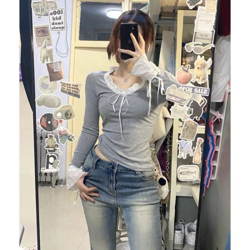 1*1 Modal 260g Color Blocking Lace Ruffle Long Sleeve V-Neck Korean Sweet Fit Top 