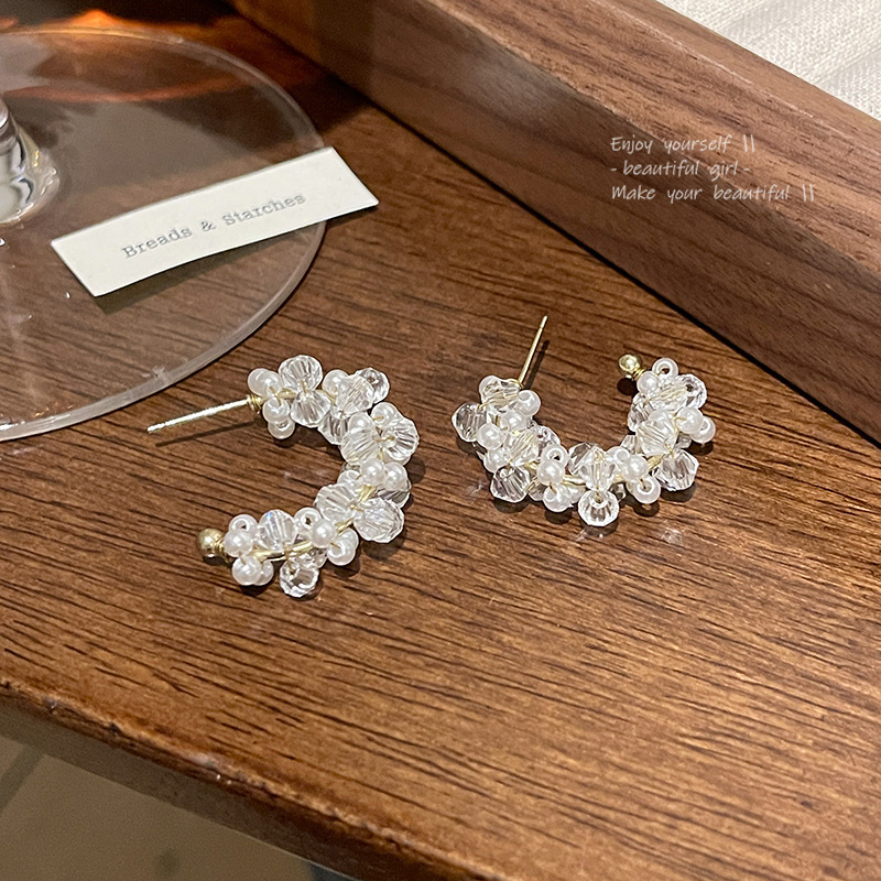 S925 silver needle light luxury niche crystal C-shaped earrings women's ins trendy high-end design earrings internet celebrity earrings