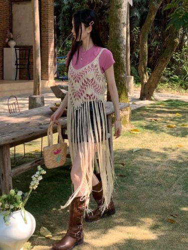 Actual shot of summer vacation style hand-knitted long tassel bohemian style halter top dress