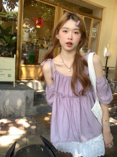 实拍～韩系夏季灰紫色露肩系带木耳边设计感洋气小衫～