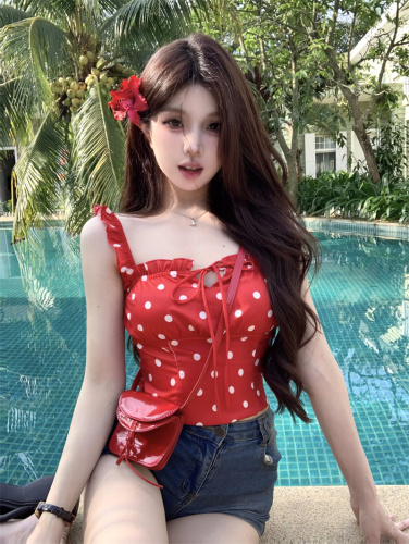 Real shot RFM+ sweet ins celebrity red stylish polka dot suspender summer fashion daily wear