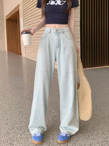 Actual shot ~ New style washed light blue heavy industry love hot diamond wide leg jeans