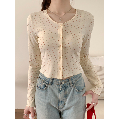 Real shot of small floral long-sleeved cardigan jacket for women round neck all-match casual short top 2024 new knitted sweater