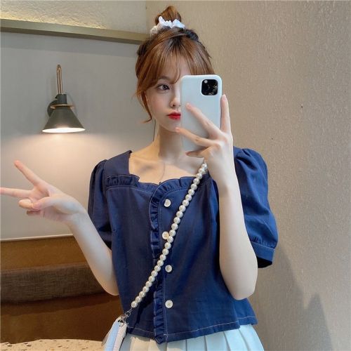 Original workmanship, square collar, women's short-sleeved summer sweet temperament, puff-sleeved short top with niche design