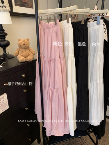Actual shot ~ Gentle style pink skirt for women, sweet age-reducing waist, slimming and layered A-line long skirt