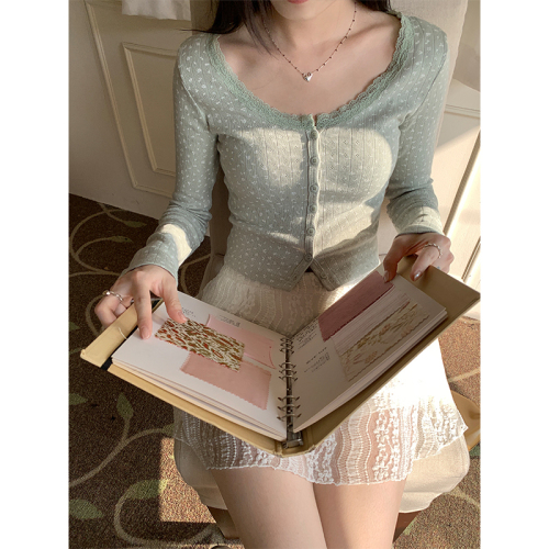 Real shot of retro multi-color lace small floral cardigan for women 2024 age-reducing pure lust style long-sleeved inner top