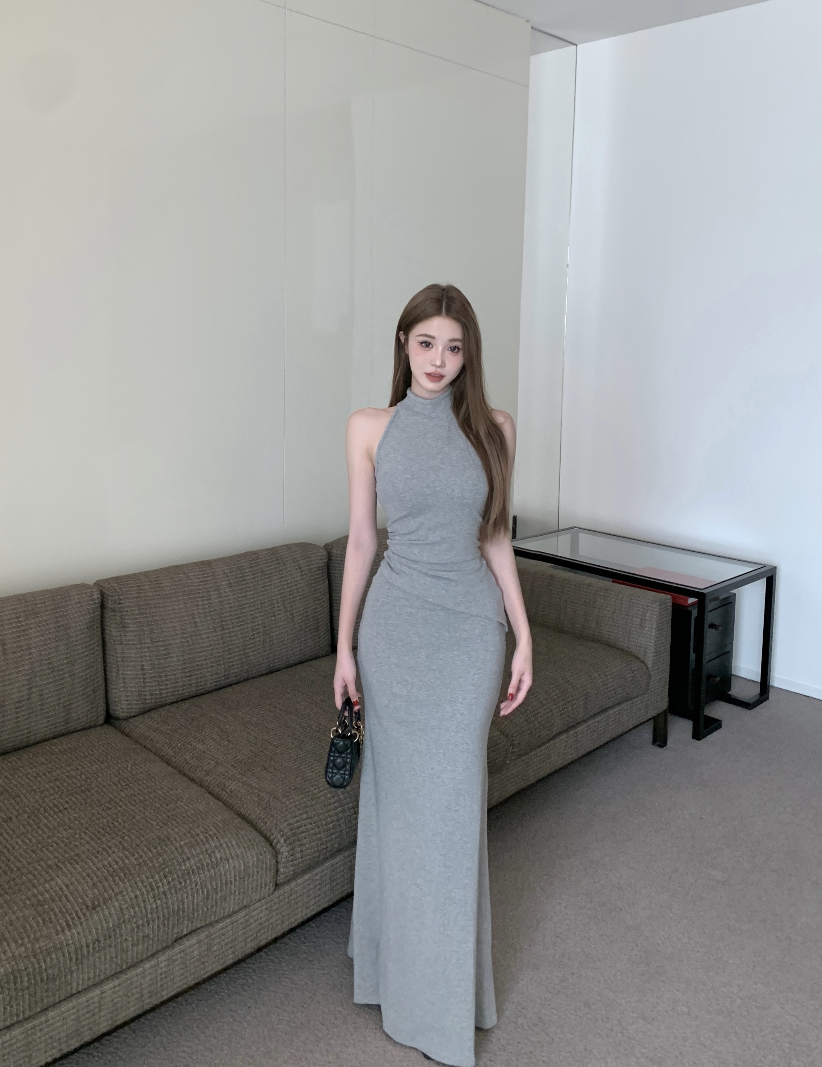 辣妹套裝裙女春季半高領無袖背心開叉魚尾裙子