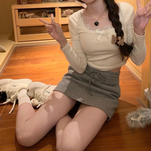 1*1 Threaded Velvet 280g Pure Desire Lace Trim Long Sleeve Versatile Slimming Bodysuit Short Top 