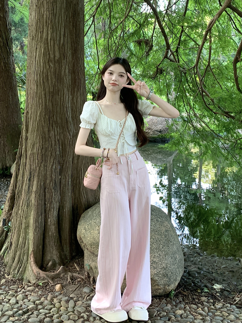 實拍法式超仙甜美罩衫襯衣+內搭吊帶+休閒褲女高腰顯瘦闊腿牛仔褲