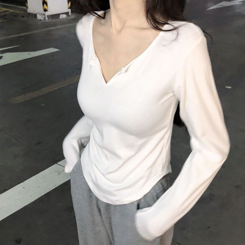 V-neck long-sleeved T-shirt women's slim-fitting pure lust top
