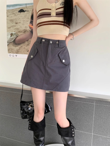 Slim skirt for women, spring and autumn high-waisted A-line gray skirt with drawstring, cool hot girl butt-covering workwear short skirt