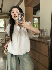 Real shot of summer gentle style round neck earring vest shirt flying sleeve niche top