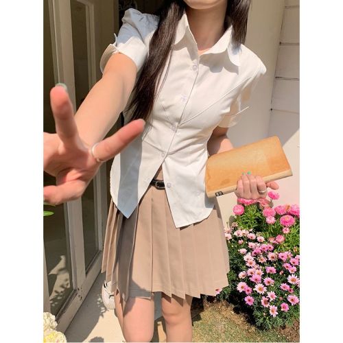 Real shot 2024 tight uniform shirt new summer niche shirt short-sleeved waist pure desire versatile top