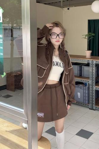 Actual shot~Korean style stand-up collar sweatshirt short jacket + elastic waist casual skirt suit