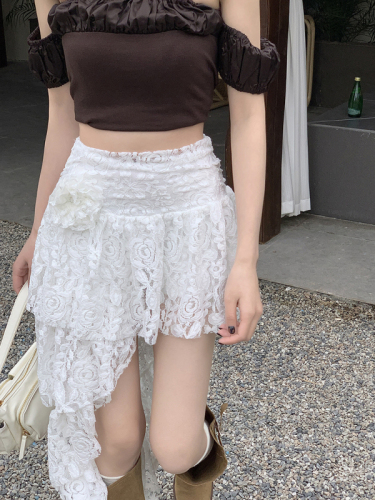 Actual shot of one-shoulder short-sleeved tube top + rose lace crochet hollow irregular ribbon mid-length skirt