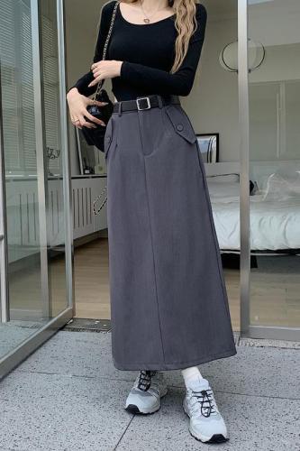 Actual shot of spring high-end suit skirt for women high-waisted A-line slit long skirt