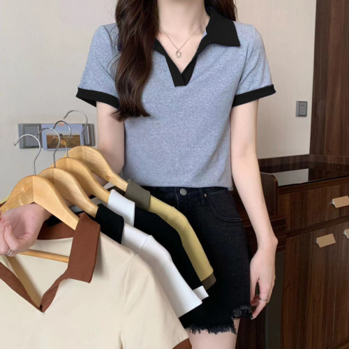 实拍~夏季新款韩版设计感撞色Polo领甜辣减龄高腰短袖T恤