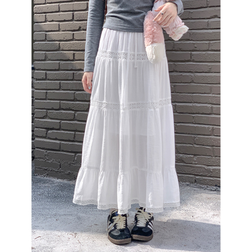 Real shot of heavy industry hollow lace splicing white long skirt umbrella skirt 2024 pure lust style elastic waist skirt with lining