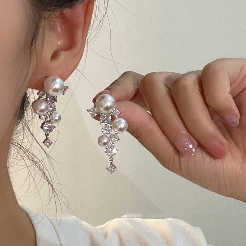 S925銀針輕奢小眾鋯石珍珠耳環女ins潮百搭氣質高級感耳釘耳飾品