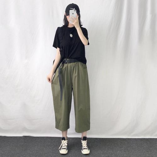 Real shot of plus size selfie women's retro Japanese workwear style unisex loose elastic waist lantern wide leg pants