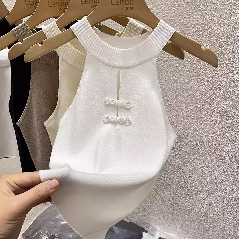 辣妹無袖內搭打底衫女夏季新款國風盤扣掛脖針織背心修身外穿上衣