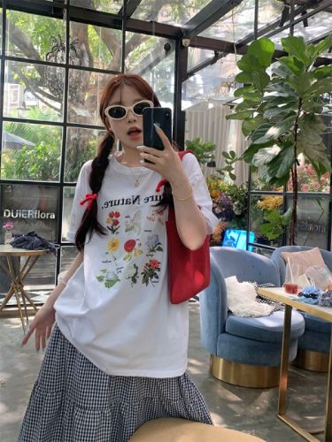 Actual shot of spring and summer Korean chic simple flower printed T-shirt short-sleeved tops