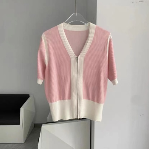 Summer new style simple V-neck stylish black and white spliced ​​sweater with zipper, comfortable and breathable short-sleeved cardigan for women