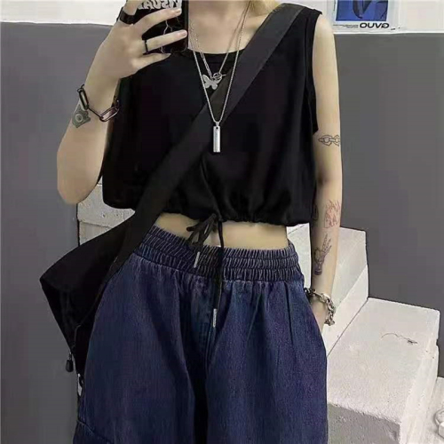 Solid color knitted camisole female summer student Harajuku style drawstring bottoming short slim student top trendy