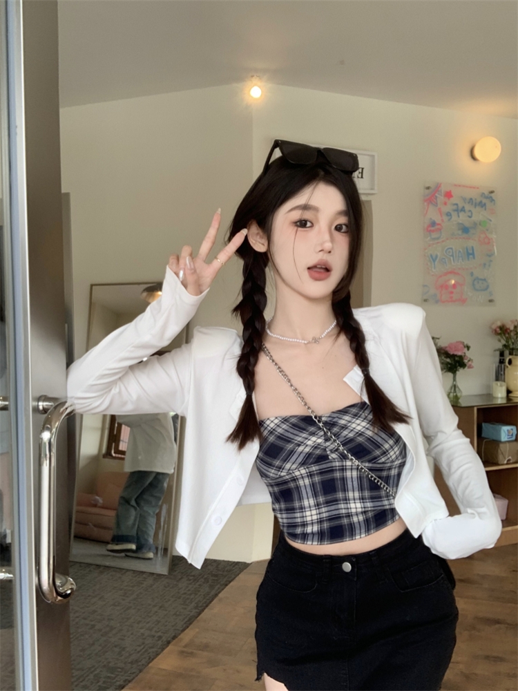 實拍～ 格子吊帶背心+百搭長袖披肩開衫兩件套女