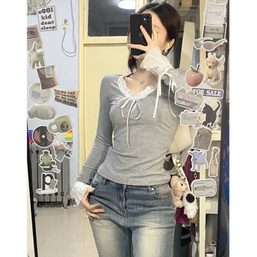 1*1 Modal 260g Color Blocking Lace Ruffle Long Sleeve V-Neck Korean Sweet Fit Top 