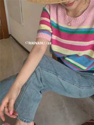 韩国chic夏季新款俏皮甜美圆领撞色条纹宽松短袖套头针织衫毛衣女