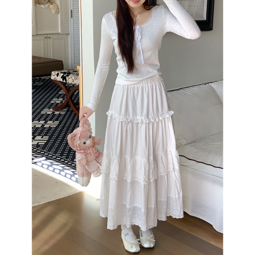 Real shot of heavy industry hollow lace splicing white long skirt for women summer new pure lust style versatile skirt with lining