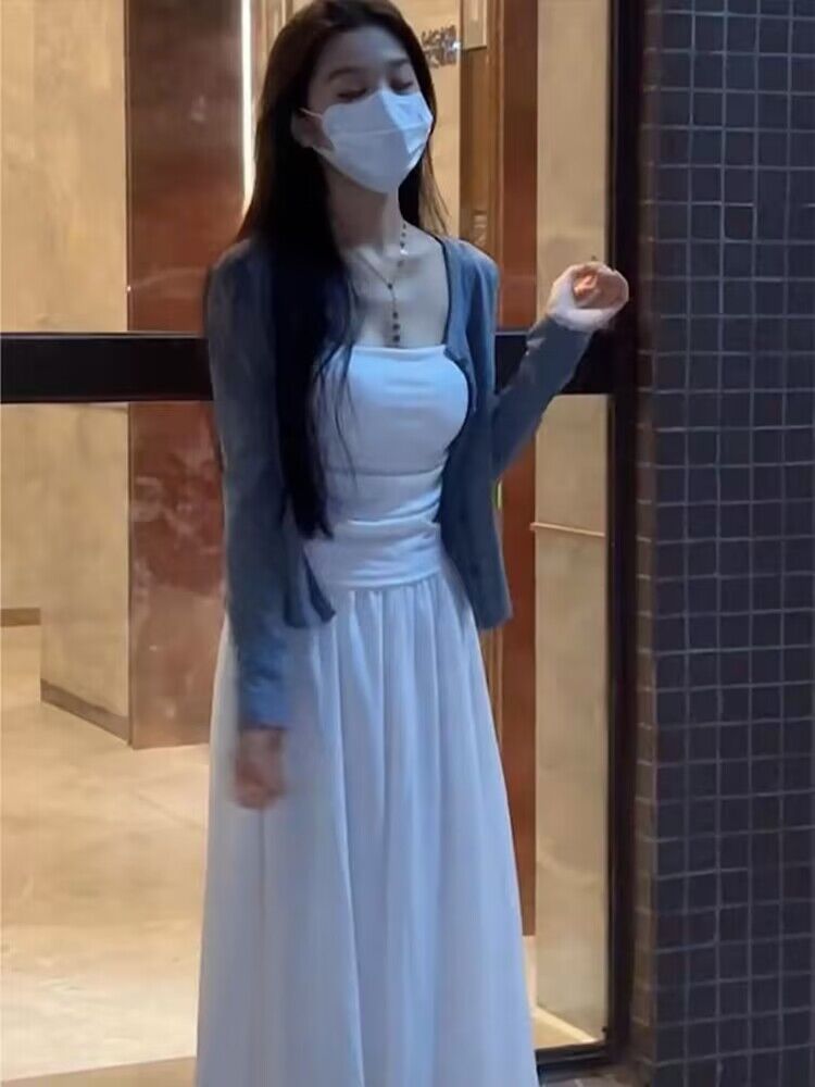 Gentle style white camisole dress suit for women early spring new style lazy style Korean casual two-piece set