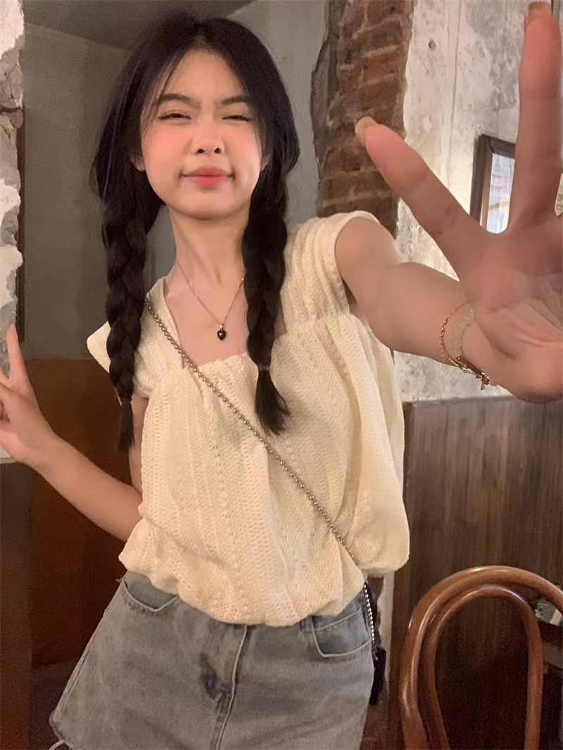 設計感方領背心 蕾絲鈎花減齡娃娃衫 女