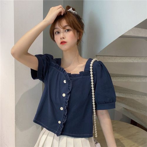 Original workmanship, square collar, women's short-sleeved summer sweet temperament, puff-sleeved short top with niche design