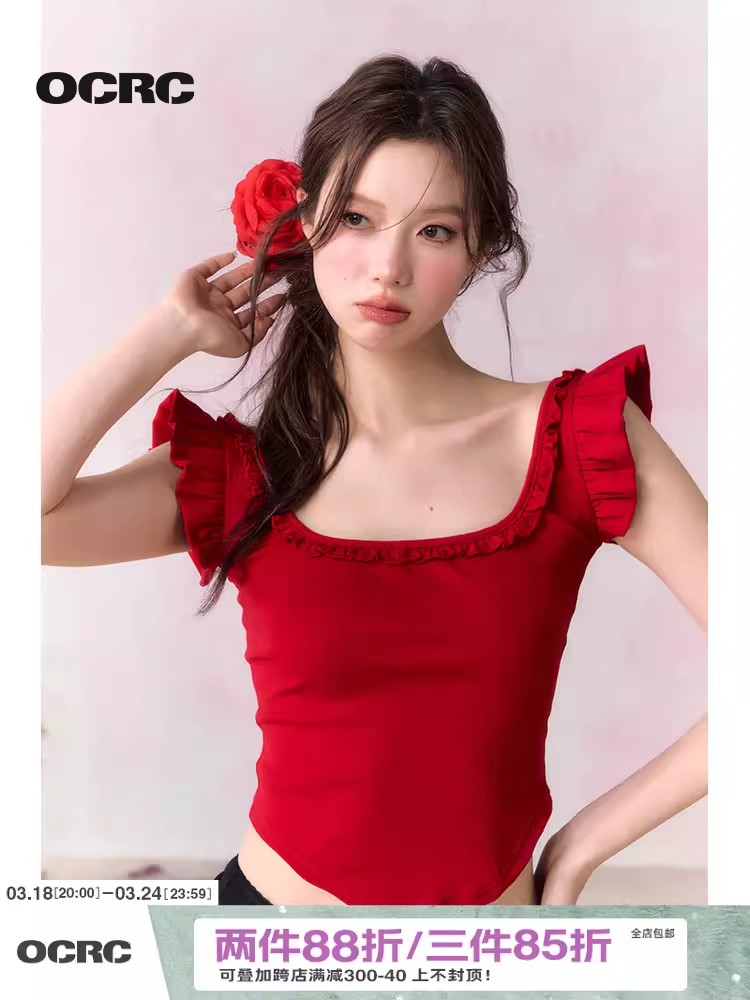 OCRC Official紅色辣妹小飛袖吊帶上衣女夏季正反兩穿修身短款T恤