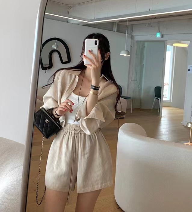 Original Korean ins cool linen cotton top + shorts two-piece set