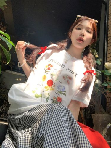 Actual shot of spring and summer Korean chic simple flower printed T-shirt short-sleeved tops