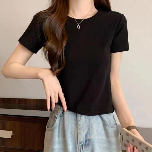 Quality 240g pure cotton threaded shoulder T-shirt women's short-sleeved summer slimming short top