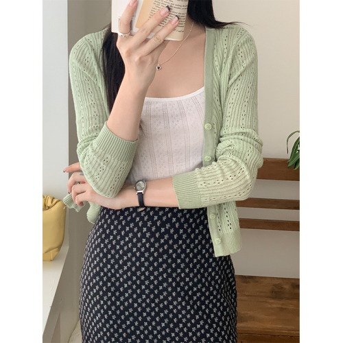 Actual shot of new spring and summer hollow knitted cardigan jacket for women 2024 short solid color long-sleeved outer top