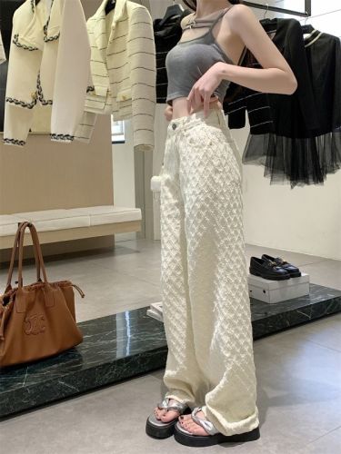 Actual shot~New white diamond checkered crochet jeans for women with jacquard design high-waisted wide-leg pants