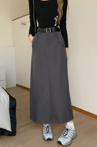 Actual shot of spring high-end suit skirt for women high-waisted A-line slit long skirt