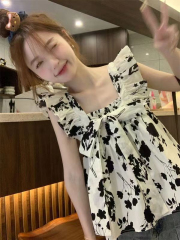 法式甜美小飛袖上衣女夏小眾別致水墨畫設計感無袖方領背心高級感