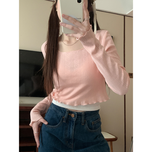 Actual shot of 2024 spring and summer gentle style long-sleeved short floral pure desire inner top Korean style fungus edge knitted blouse