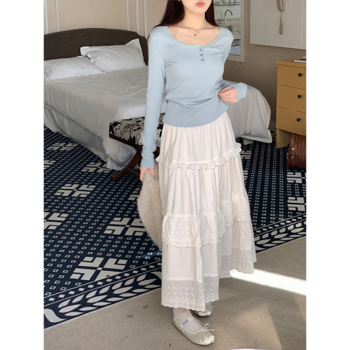 Real shot of heavy industry hollow lace splicing white long skirt for women summer new pure lust style versatile skirt with lining