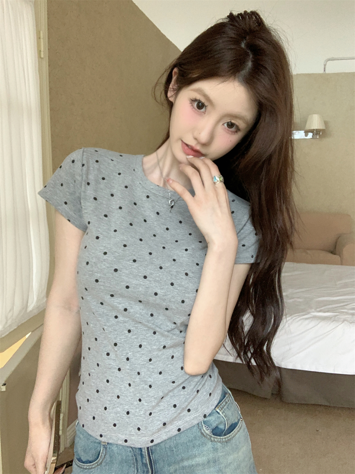 Actual shot of summer Korean style bm pure desire round neck polka dot contrasting color slimming and versatile pure cotton short-sleeved top for women