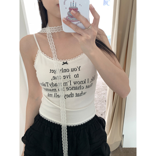 Real shot of letter printed suspender women's lace bow sweet and spicy style bottoming top for summer