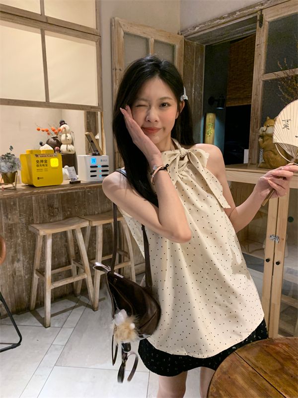 實拍純欲風波點掛脖吊帶百搭露肩辣妹上衣女